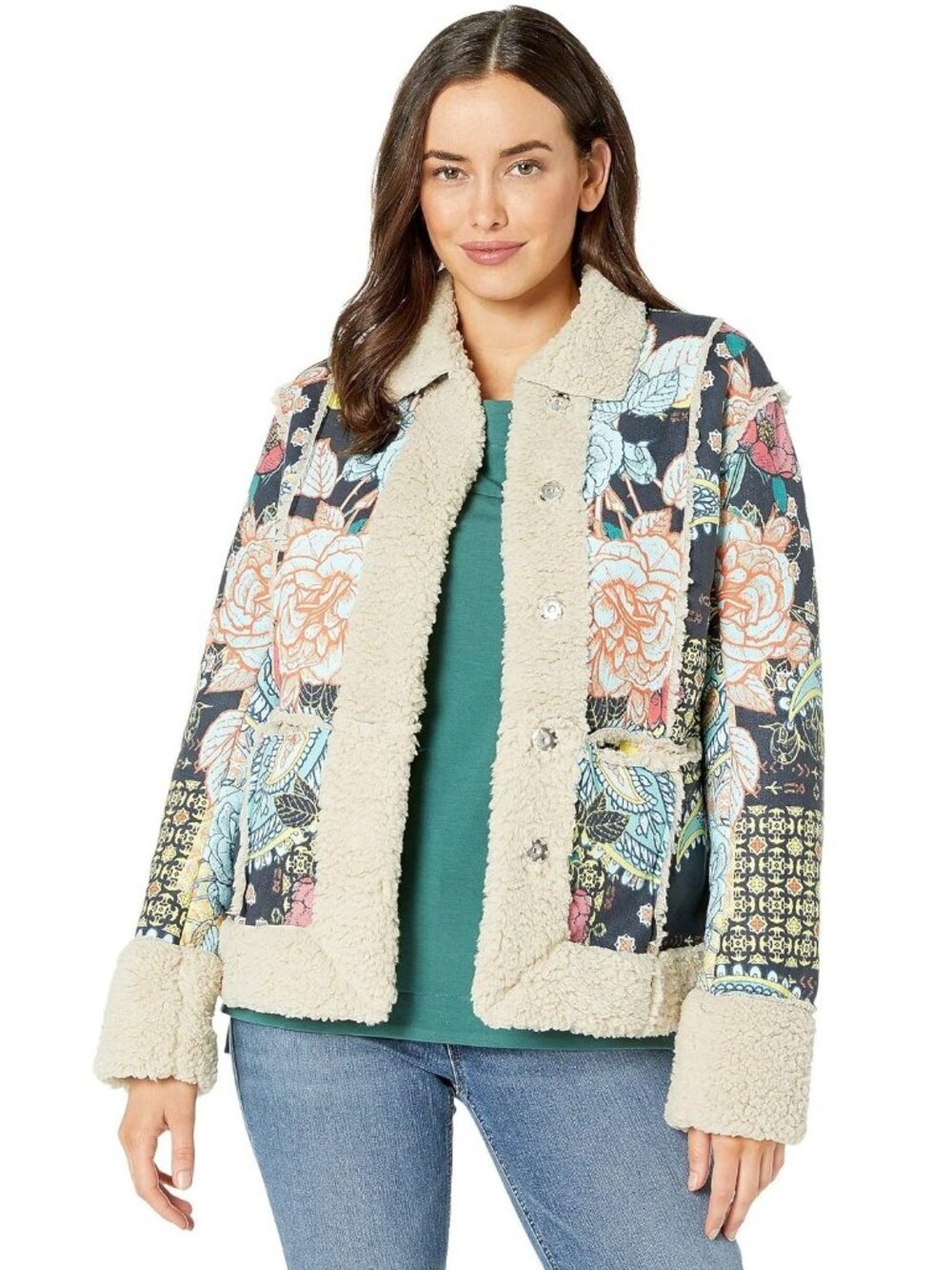 BIYA Johnny Was Floral Patchwork Sherpa Coat Teddy Jacket Small #A2006